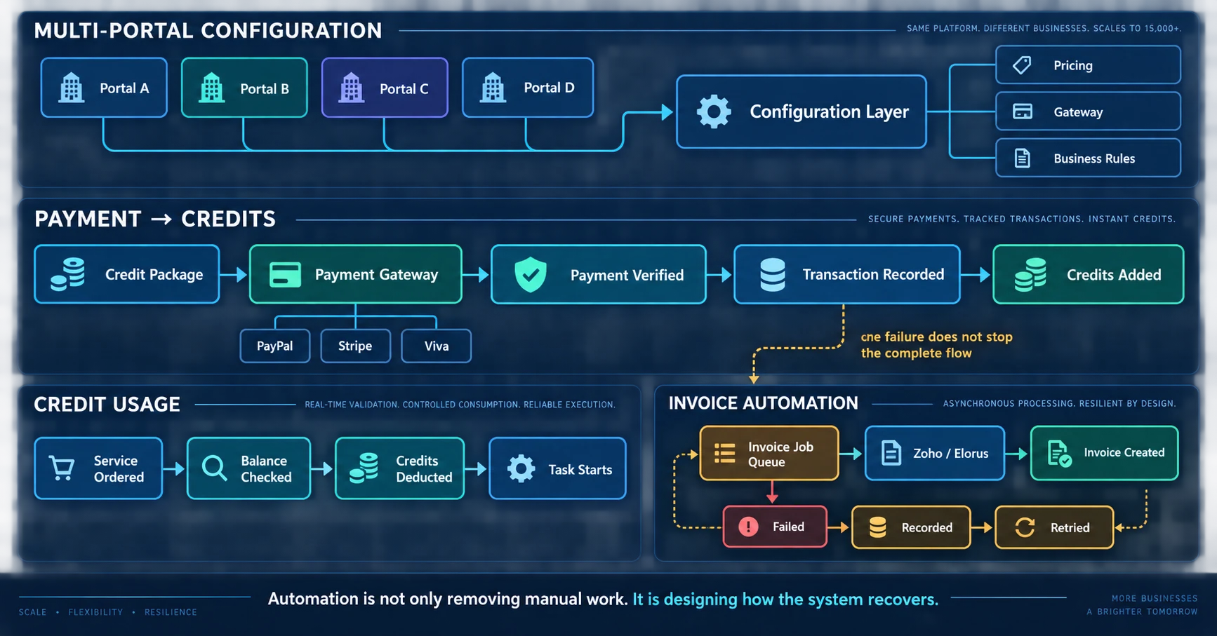 Diagram showing multi-portal configuration, payments, credits and invoice recovery flows
